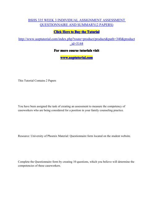 Bshs Questionnaire.pdf BSHS 335 Week 3 Individual Assignment Assessment Questionnaire and ...