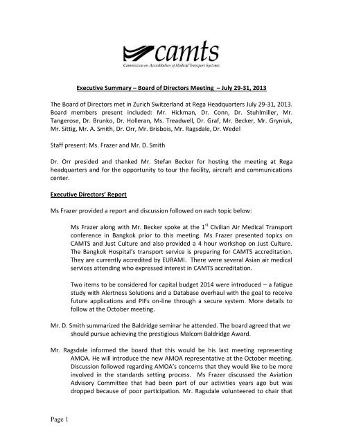 Page 1 Executive Summary â Board of Directors Meeting ... - CAMTS