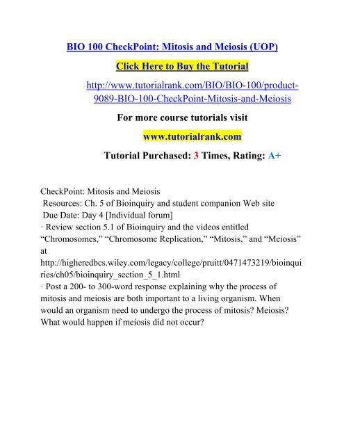 BIO 100 CheckPoint Mitosis and Meiosis (UOP)/ Tutorialrank