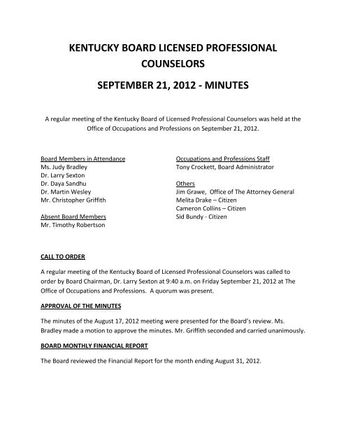 minutes - Board of Licensed Professional Counselors