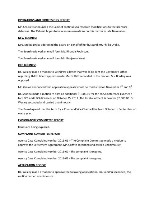 minutes - Board of Licensed Professional Counselors