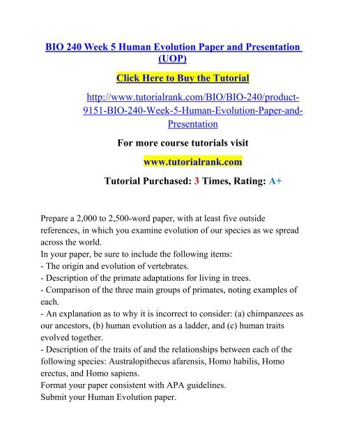 BIO 240 Week 5 Human Evolution Paper and Presentation (UOP)/ Tutorialrank