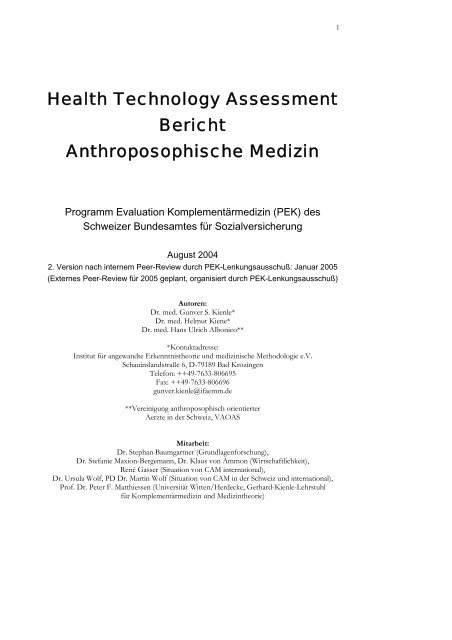 Health Technology Assessment Bericht Anthroposophische Medizin