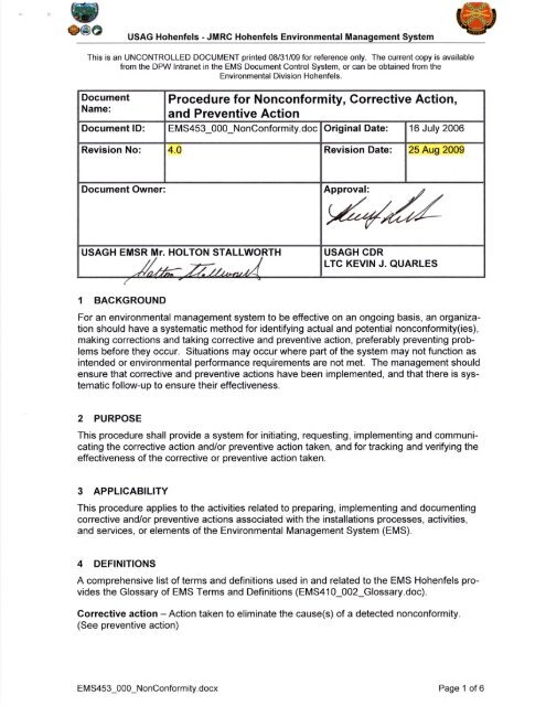 Procedure for Nonconformity, Corrective Action, and Preventive Action