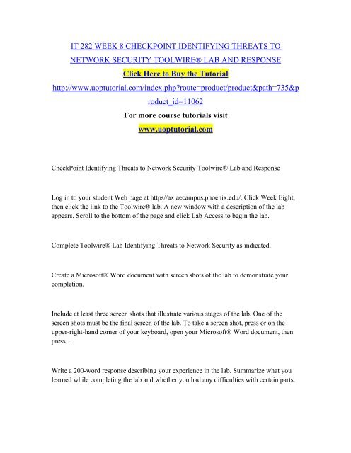IT 282 WEEK 8 CHECKPOINT IDENTIFYING THREATS TO NETWORK SECURITY TOOLWIRE® LAB AND RESPONSE