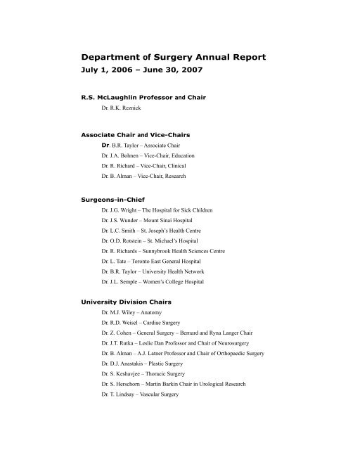 2006 2007 Annual Report Department Of Surgery University Of