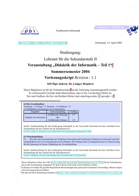 Didaktik der Informatik - Teil 1, Sommersemester 2004