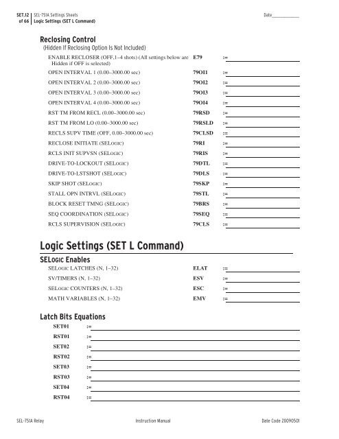 SEL-751A Settings Sheets - CacheFly