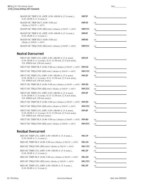 SEL-751A Settings Sheets - CacheFly