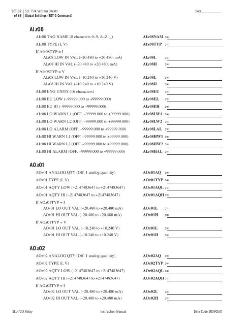 SEL-751A Settings Sheets - CacheFly