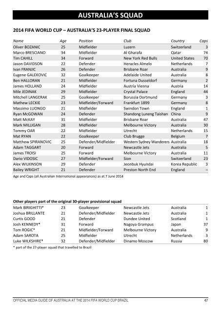 OFFICIAL MEDIA GUIDE OF AUSTRALIA AT THE 2014 FIFA WORLD CUP BRAZIL 0