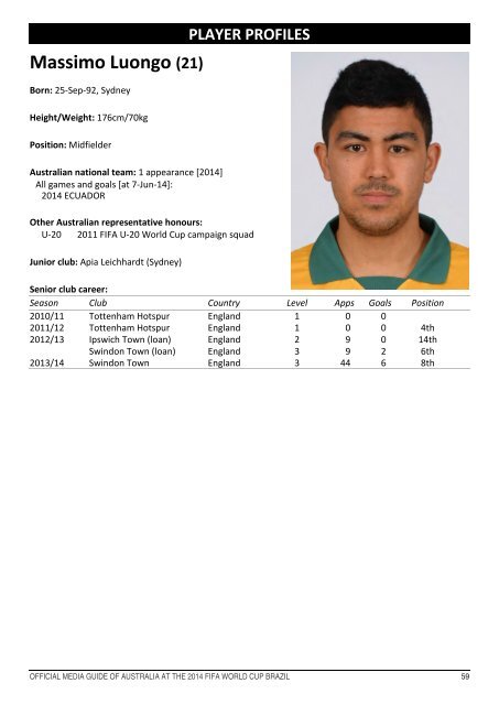 OFFICIAL MEDIA GUIDE OF AUSTRALIA AT THE 2014 FIFA WORLD CUP BRAZIL 0