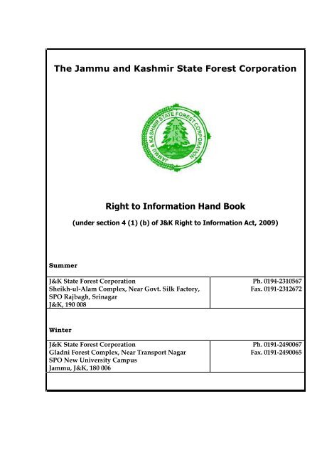 The Jammu and Kashmir State Forest Corporation Right to Information Hand Book