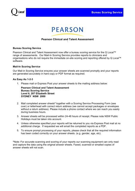 Bureau Scoring Service Pearson Clinical and Talent Assessment `