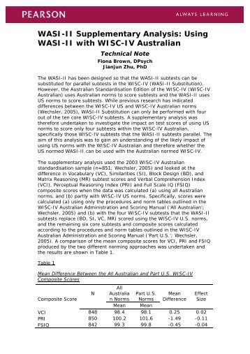 WASI-II Supplementary Analysis Using WASI-II with WISC-IV Australian