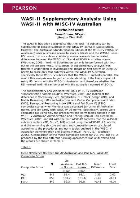 WASI-II Supplementary Analysis Using WASI-II with WISC-IV Australian