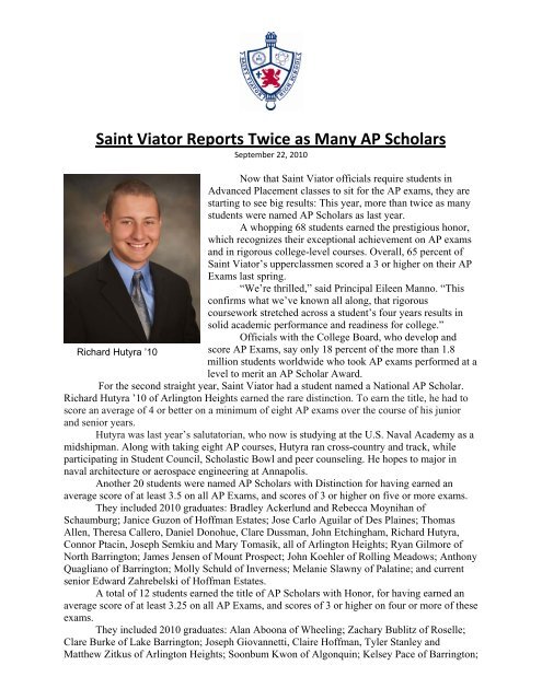 Saint Viator Reports Twice as Many AP Scholars