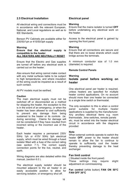 INSTALLATION & SERVICING MANUAL BENSON PV TUBULAR CABINET HEATER