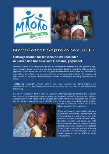 Newsletter September 2011 - MTOTO WA TANZANIA ...