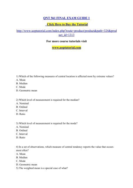 QNT 561 FINAL EXAM GUIDE 1/ Uoptutorial