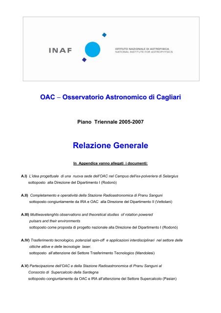 Relazione Generale - Osservatorio Astronomico Cagliari