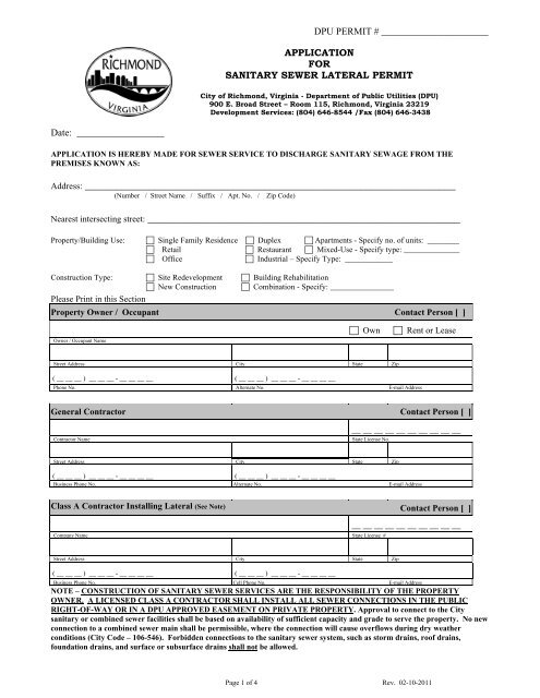 Sanitary Sewer Lateral Permit - City of Richmond