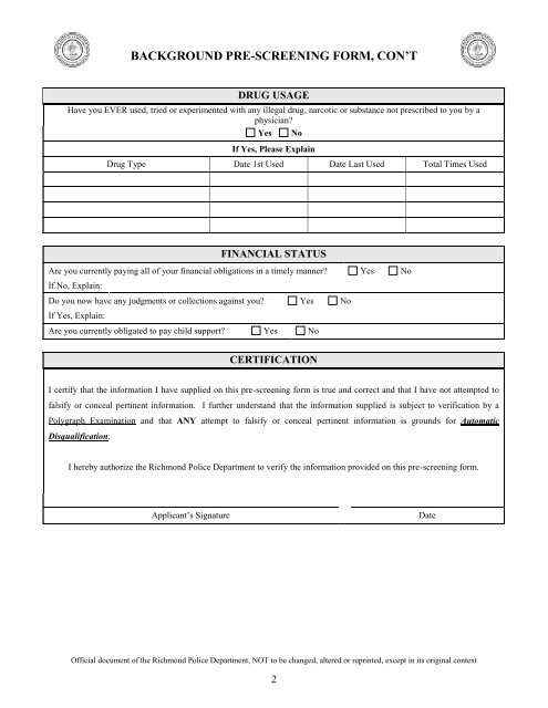 BACKGROUND PRE-SCREENING FORM