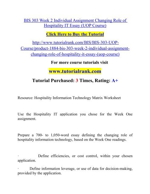 BIS 303 Week 2 Individual Assignment Changing Role of Hospitality IT Essay (UOP Course).pdf