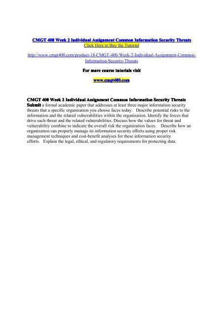 CMGT 400 Week 2 Individual Assignment Common Information Security Threats