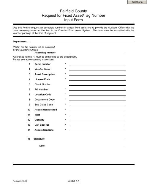 Fairfield County Request for Fixed Asset/Tag Number Input Form