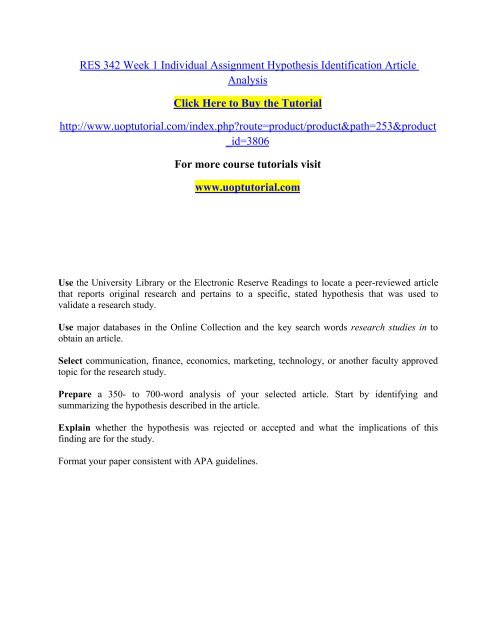 RES 342 Week 1 Individual Assignment Hypothesis Identification Article ...
