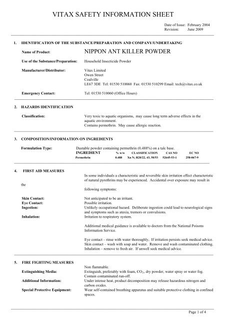 VITAX SAFETY INFORMATION SHEET