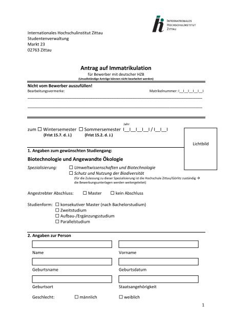 Antrag auf Immatrikulation - IHI Zittau