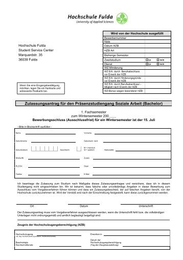 Zulassungsantrag für den Präsenzstudiengang ... - Hochschule Fulda