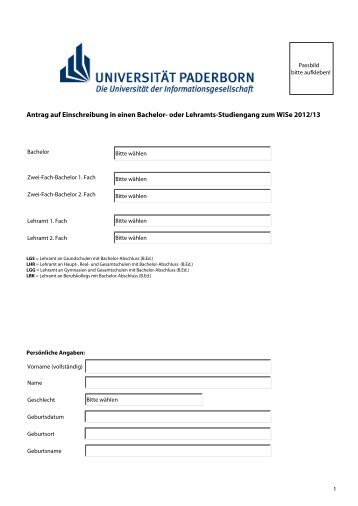 Antrag auf Einschreibung in einen Bachelor - Universität Paderborn