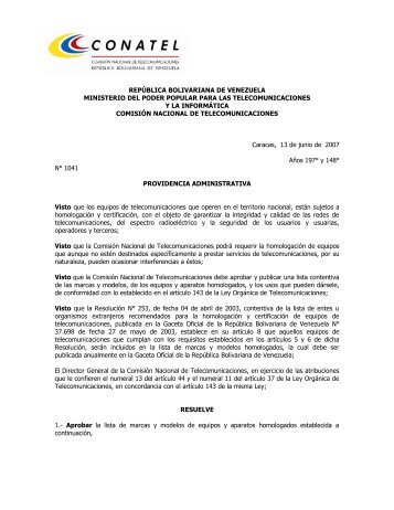 Providencia Administrativa HOMOLOGACION - 4ta Gaceta ... - Conatel