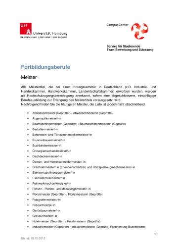 Berufe als anerkannte HZB 18.10.2012 - verwaltung.uni-hamburg.de