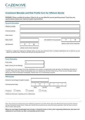 Investment Mandate and Risk Profile form for Offshore Bonds