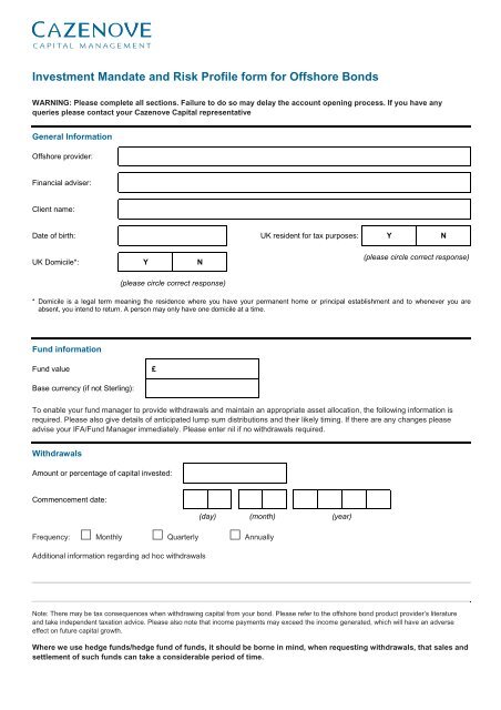 Investment Mandate and Risk Profile form for Offshore Bonds