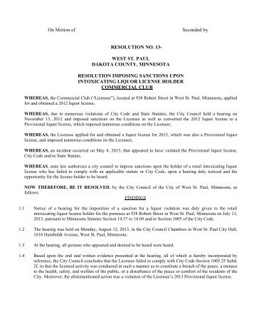 On Motion of Seconded by RESOLUTION NO. 13- WEST ST. PAUL ...
