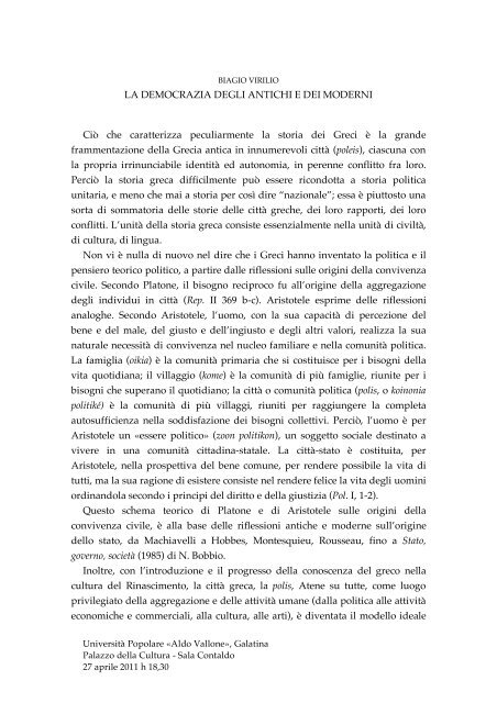 BV. Democrazia.pdf - UniversitÃ  Popolare "Aldo Vallone" - Galatina