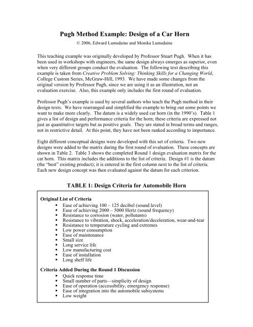 Pugh Method Example: Design of a Car Horn - InnovationToday.biz