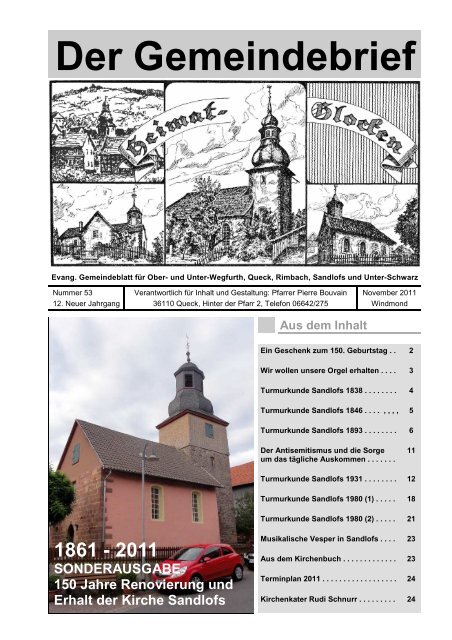 Turmurkunde Sandlofs 1846 - Evangelische Pfarrei Queck