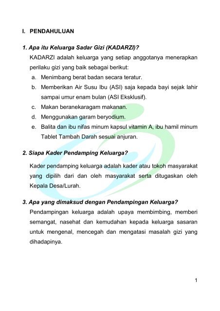 I. PENDAHULUAN 1. Apa itu Keluarga Sadar Gizi (KADARZI ...