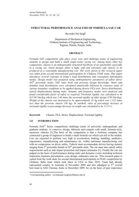 structural performance analysis of formula sae car - Jurnal Mekanikal