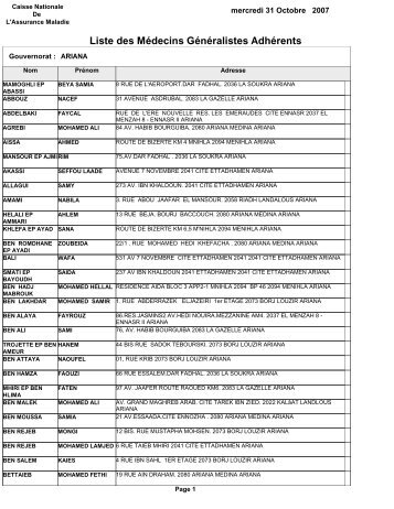 Liste des Médecins Généralistes Adhérents