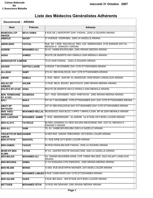 Liste des Médecins Généralistes Adhérents