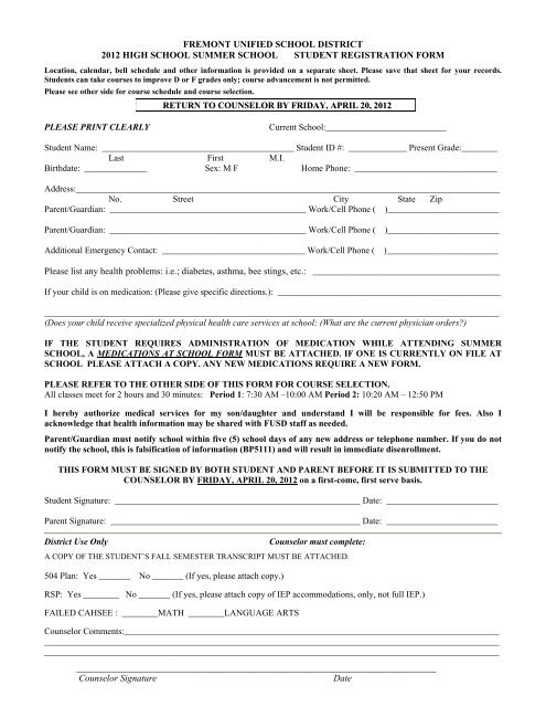 Summer School Registration Form - Fremont Unified School District