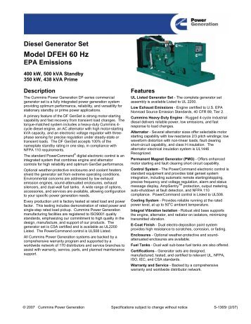 Diesel Generator Set Model DFEH 60 Hz EPA ... - Cummins Inc.