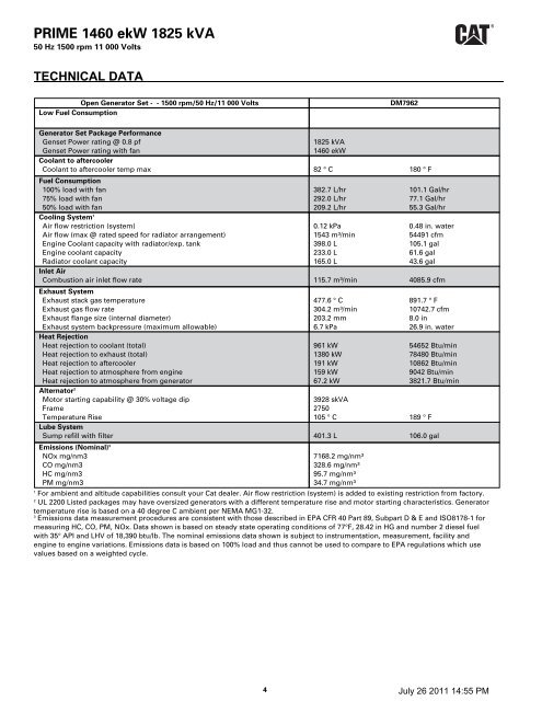 PRIME 1460 ekW 1825 kVA 50 Hz 1500 rpm 11 000 Volts - Caterpillar